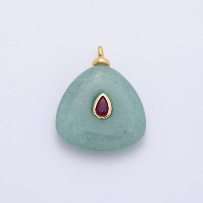 18K Gold Filled 25mm Red CZ Teardrop Green Aventurine Triangle Gemstone Charm | AF1330