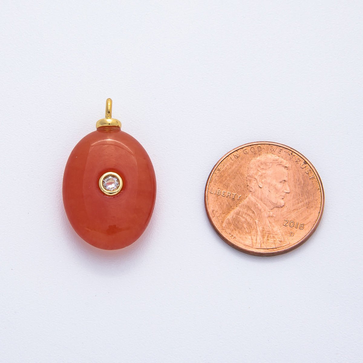 18K Gold Filled 25mm Clear CZ Embedded Carnelian Oval Gemstone Charm | AF01327