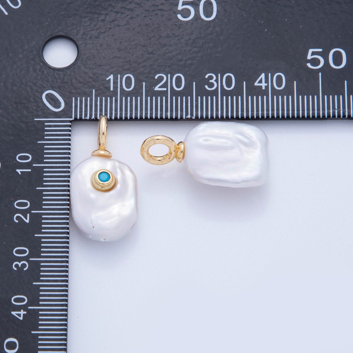 18K Gold Filled 25mm Teal Turquoise Blue CZ Freshwater Island Drop Pearl Charm | AF616