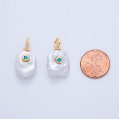 18K Gold Filled 25mm Teal Turquoise Blue CZ Freshwater Island Drop Pearl Charm | AF616