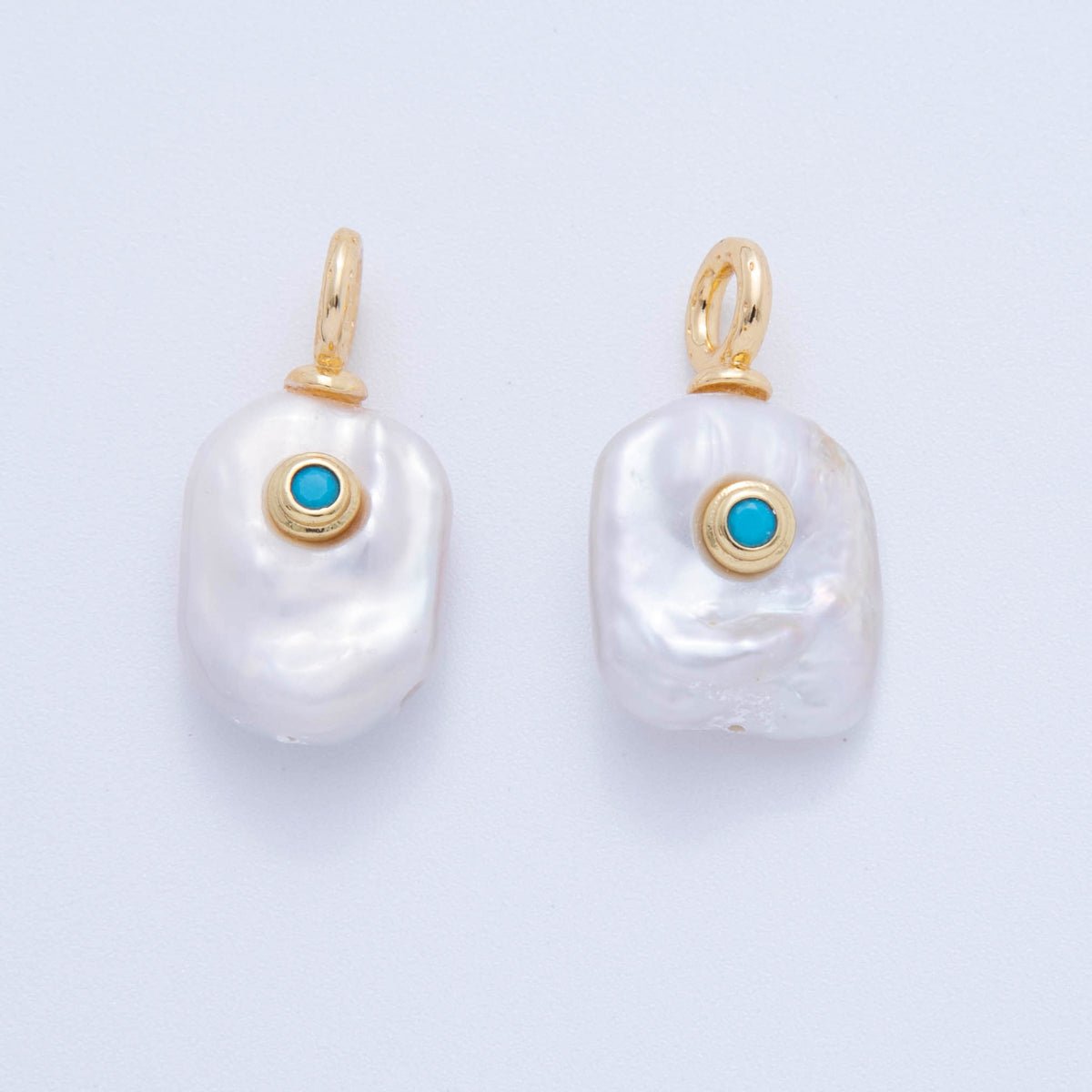 18K Gold Filled 25mm Teal Turquoise Blue CZ Freshwater Island Drop Pearl Charm | AF616