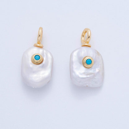 18K Gold Filled 25mm Teal Turquoise Blue CZ Freshwater Island Drop Pearl Charm | AF616