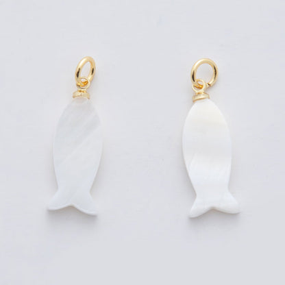 18K Gold Filled 25mm White Shell Pearl Fish Charm | AF338