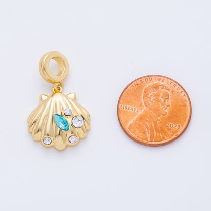 SUMMER 18K Gold Filled 26.4mm Blue Clear CZ Dotted Sea Clam Shell Drop Rondelle Pendant | AH909