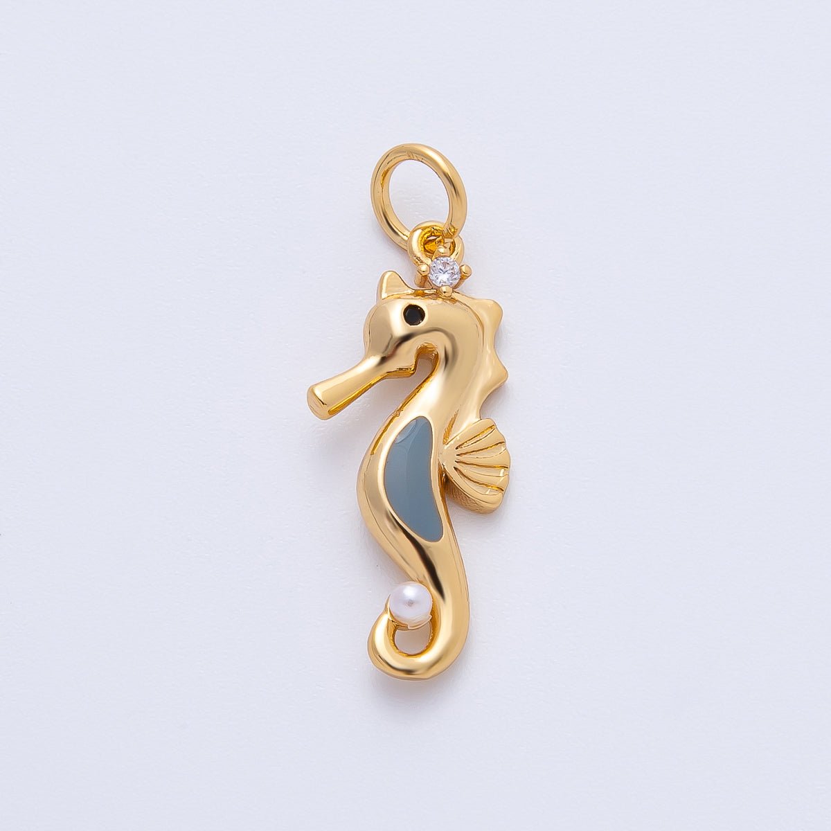 18K Gold Filled 26mm Shell Pearl CZ Grey Seahorse Animals Charm | AF1398