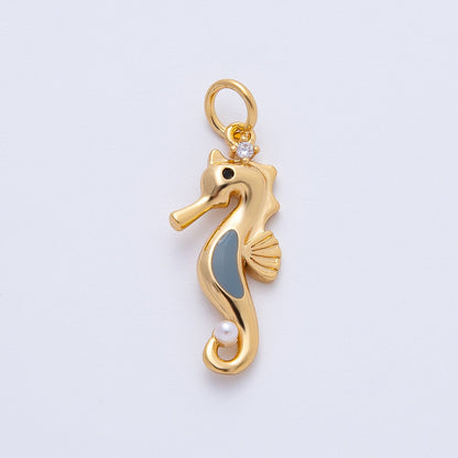 18K Gold Filled 26mm Shell Pearl CZ Grey Seahorse Animals Charm | AF1398