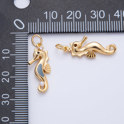 18K Gold Filled 26mm Shell Pearl CZ Grey Seahorse Animals Charm | AF1398
