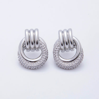 18K Gold Filled 26mm Micro Paved CZ Triple Band Door Knocker Drop Stud Earrings in Gold, Silver &amp; Mixed Metal | AJ265 - AJ267