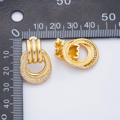 18K Gold Filled 26mm Micro Paved CZ Triple Band Door Knocker Drop Stud Earrings in Gold, Silver &amp; Mixed Metal | AJ265 - AJ267