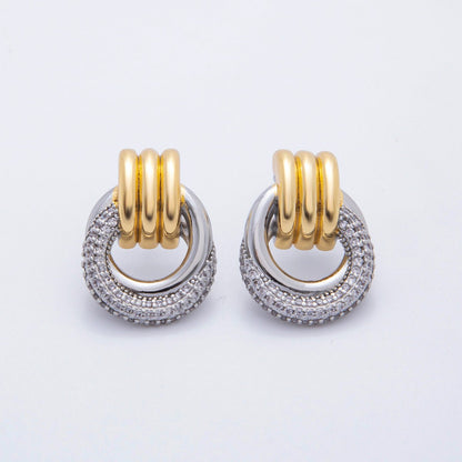 18K Gold Filled 26mm Micro Paved CZ Triple Band Door Knocker Drop Stud Earrings in Gold, Silver &amp; Mixed Metal | AJ265 - AJ267