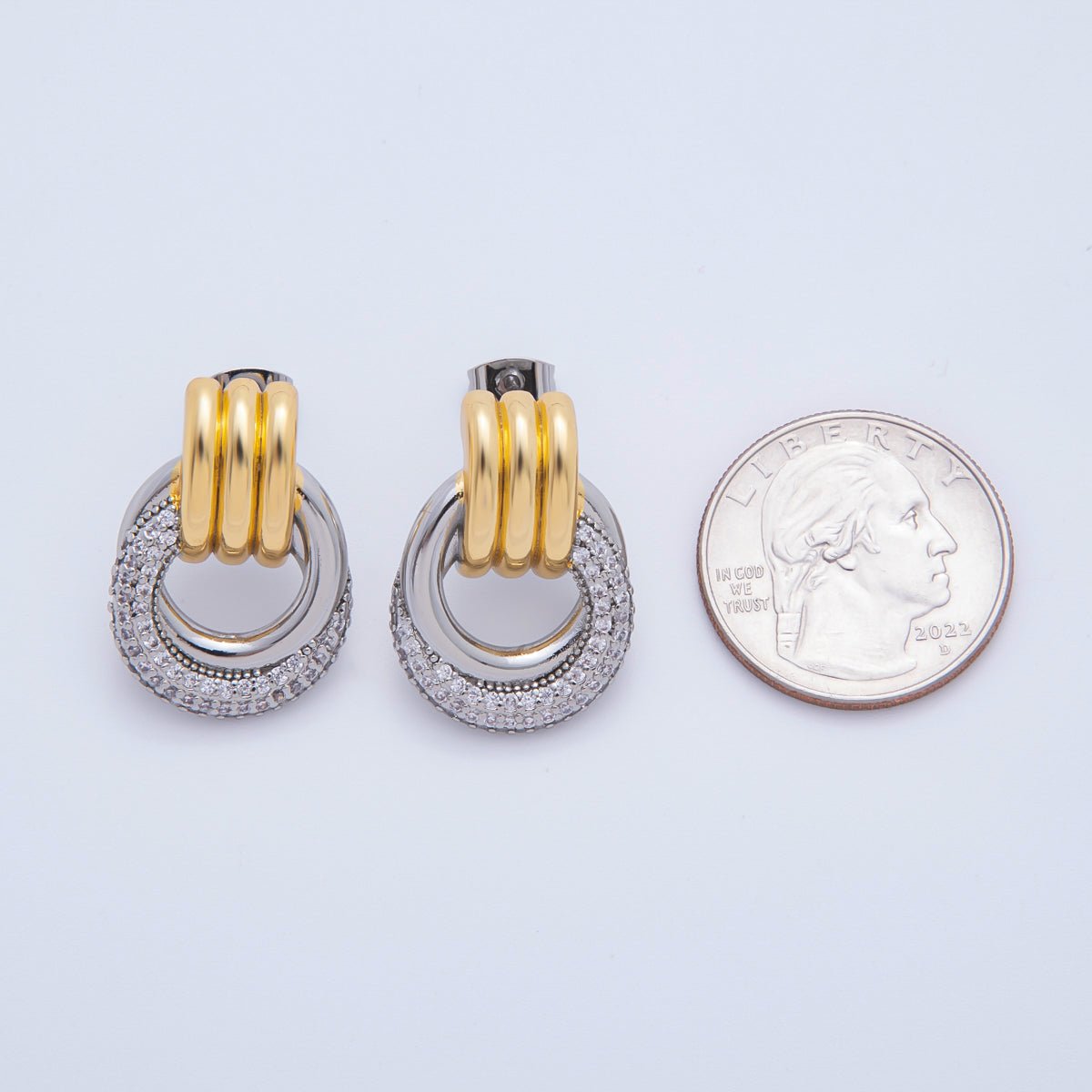 18K Gold Filled 26mm Micro Paved CZ Triple Band Door Knocker Drop Stud Earrings in Gold, Silver &amp; Mixed Metal | AJ265 - AJ267