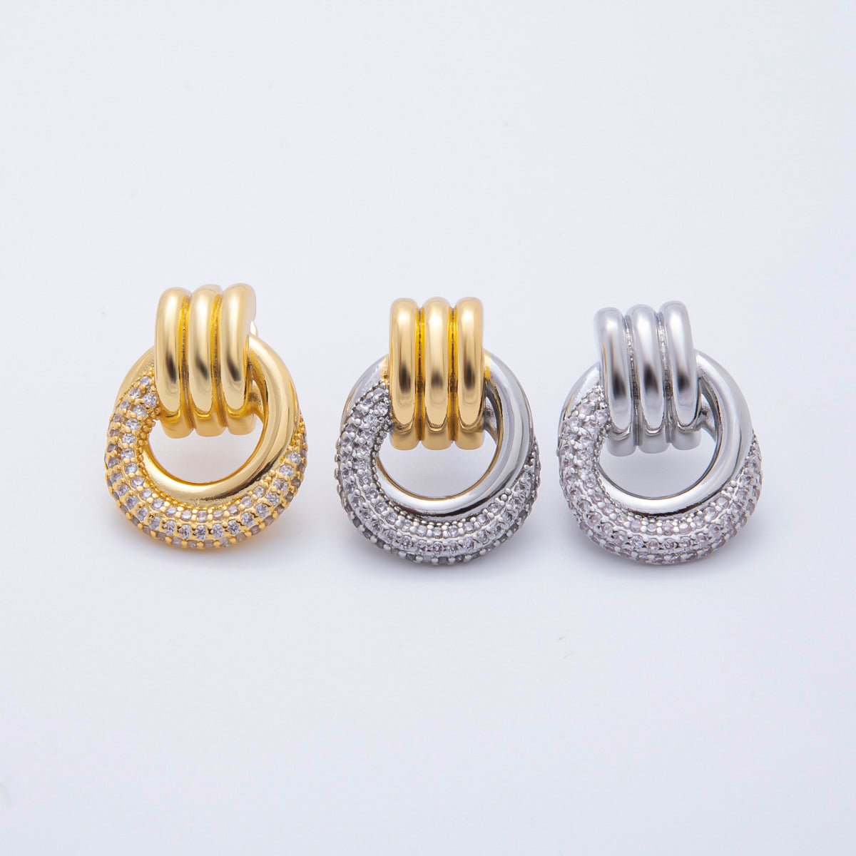 18K Gold Filled 26mm Micro Paved CZ Triple Band Door Knocker Drop Stud Earrings in Gold, Silver &amp; Mixed Metal | AJ265 - AJ267