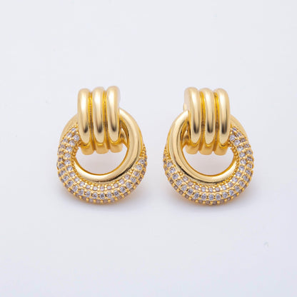 18K Gold Filled 26mm Micro Paved CZ Triple Band Door Knocker Drop Stud Earrings in Gold, Silver &amp; Mixed Metal | AJ265 - AJ267