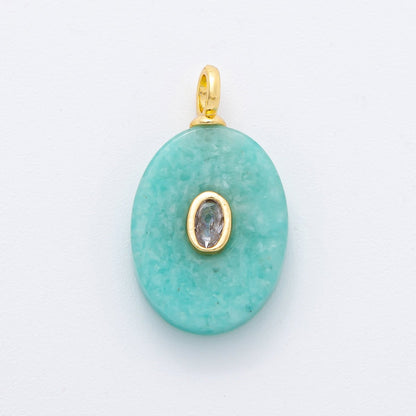 18K Gold Filled CZ Embedded Natural Gemstone Oval Charm | N720 - N741
