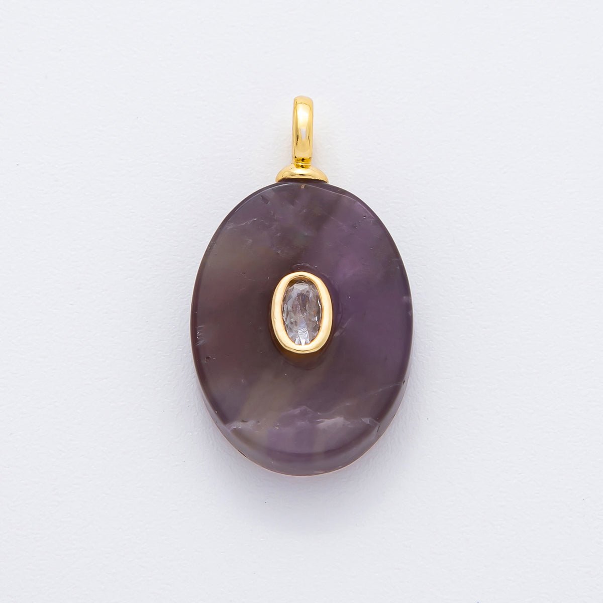 18K Gold Filled CZ Embedded Natural Gemstone Oval Charm | N720 - N741