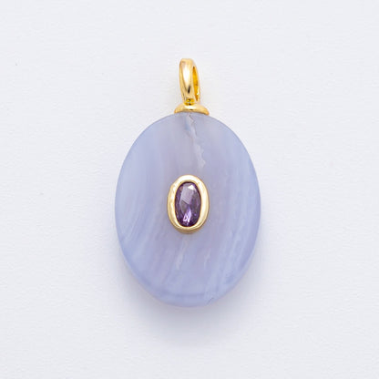 18K Gold Filled CZ Embedded Natural Gemstone Oval Charm | N720 - N741