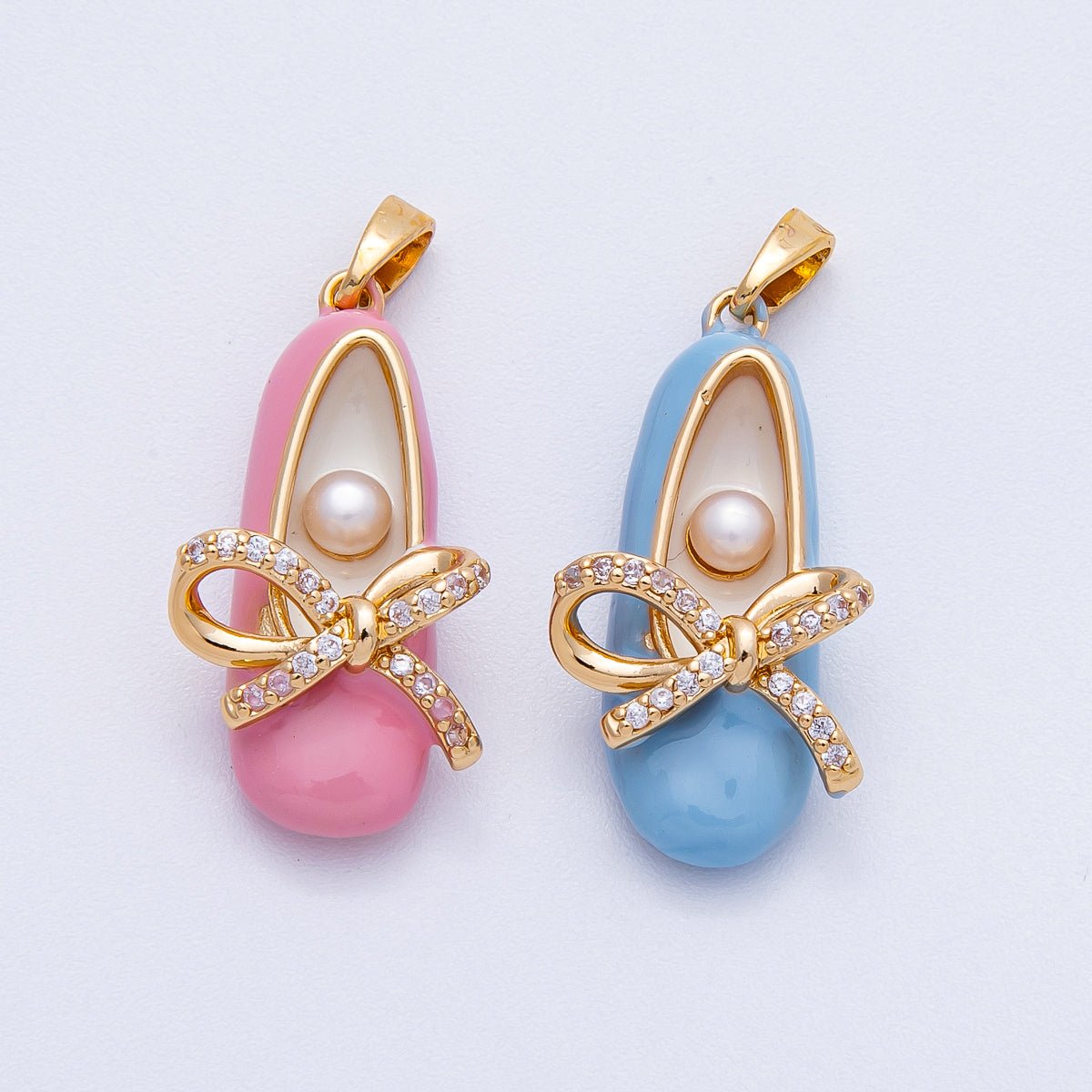18K Gold Filled 27mm Blue, Pink Micro Paved CZ Ballerina Flat Shoes Multidimensional Pendant | Charms-00465 Charms-00466