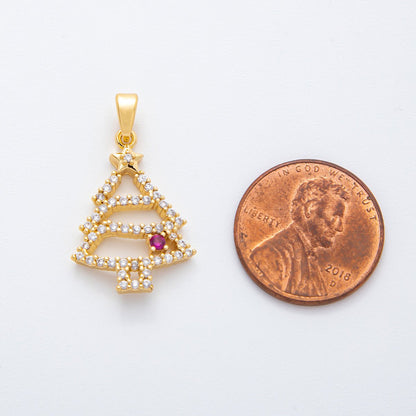 18K Gold Filled 27mm Clear &amp; Fuchsia Micro Paved CZ Christmass Tree Pendant | AF-A1135