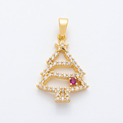 18K Gold Filled 27mm Clear &amp; Fuchsia Micro Paved CZ Christmass Tree Pendant | AF-A1135