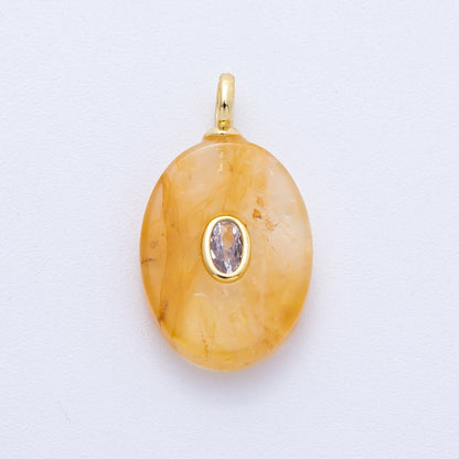 18K Gold Filled 27mm CZ Embedded Citrine, Turquoise Oval Gemstone Pendant | AK207