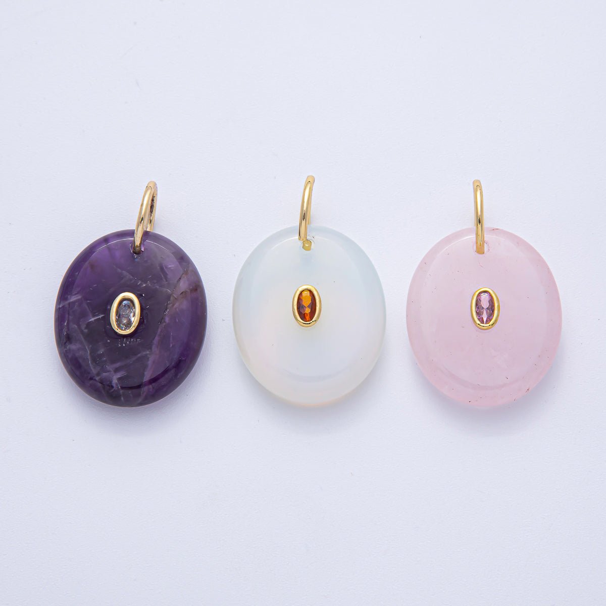 18K Gold Filled 27mm CZ Embedded Rose Quartz, Clear Quartz, Amethyst Oval Gemstone Charm | AK058 AK059
