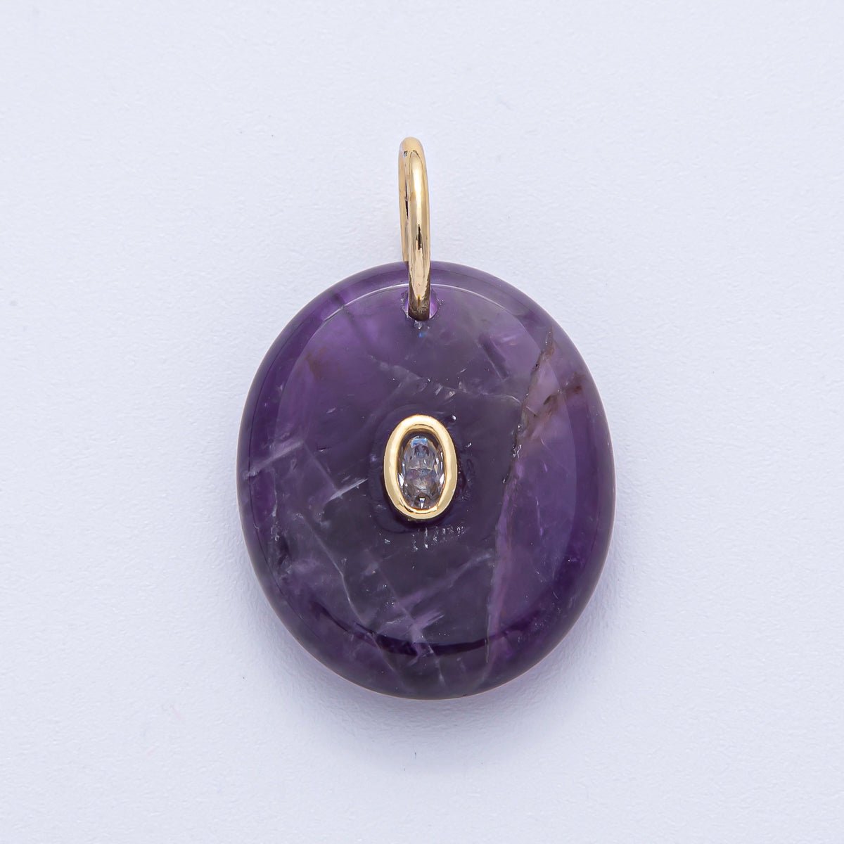 18K Gold Filled 27mm CZ Embedded Rose Quartz, Clear Quartz, Amethyst Oval Gemstone Charm | AK058 AK059