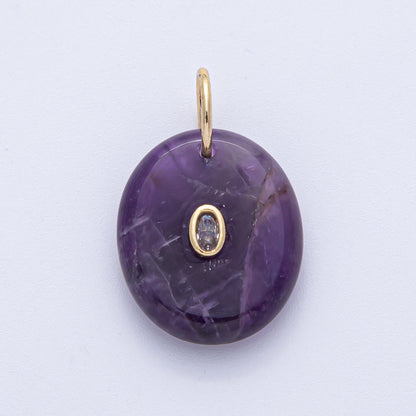 18K Gold Filled 27mm CZ Embedded Rose Quartz, Clear Quartz, Amethyst Oval Gemstone Charm | AK058 AK059