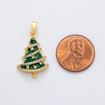 18K Gold Filled 28.5mm Micro Paved CZ Enamel Green Christmas Tree Holiday Pendant | AF1137