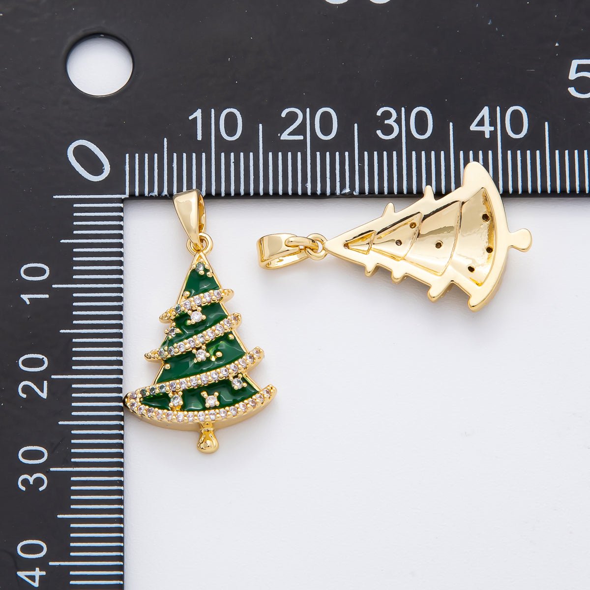 18K Gold Filled 28.5mm Micro Paved CZ Enamel Green Christmas Tree Holiday Pendant | AF1137