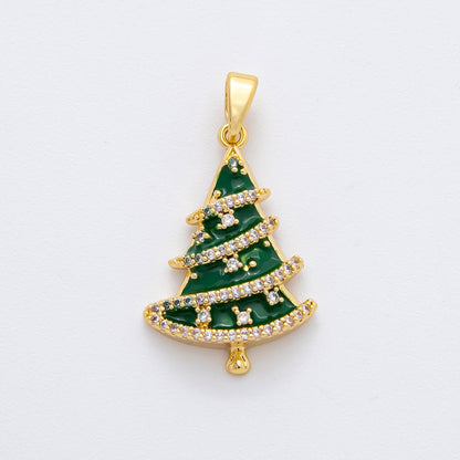 18K Gold Filled 28.5mm Micro Paved CZ Enamel Green Christmas Tree Holiday Pendant | AF1137