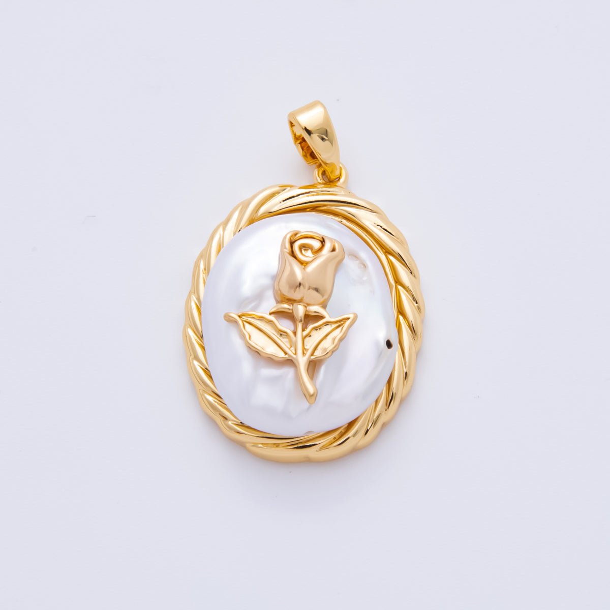 18K Gold Filled 28mm Rose Flower Freshwater Pearl Bezel Oval Pendant | AH-810
