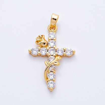 18K Gold Filled 28mm Clear CZ Rose Religious Cross Pendant | Charms-00111