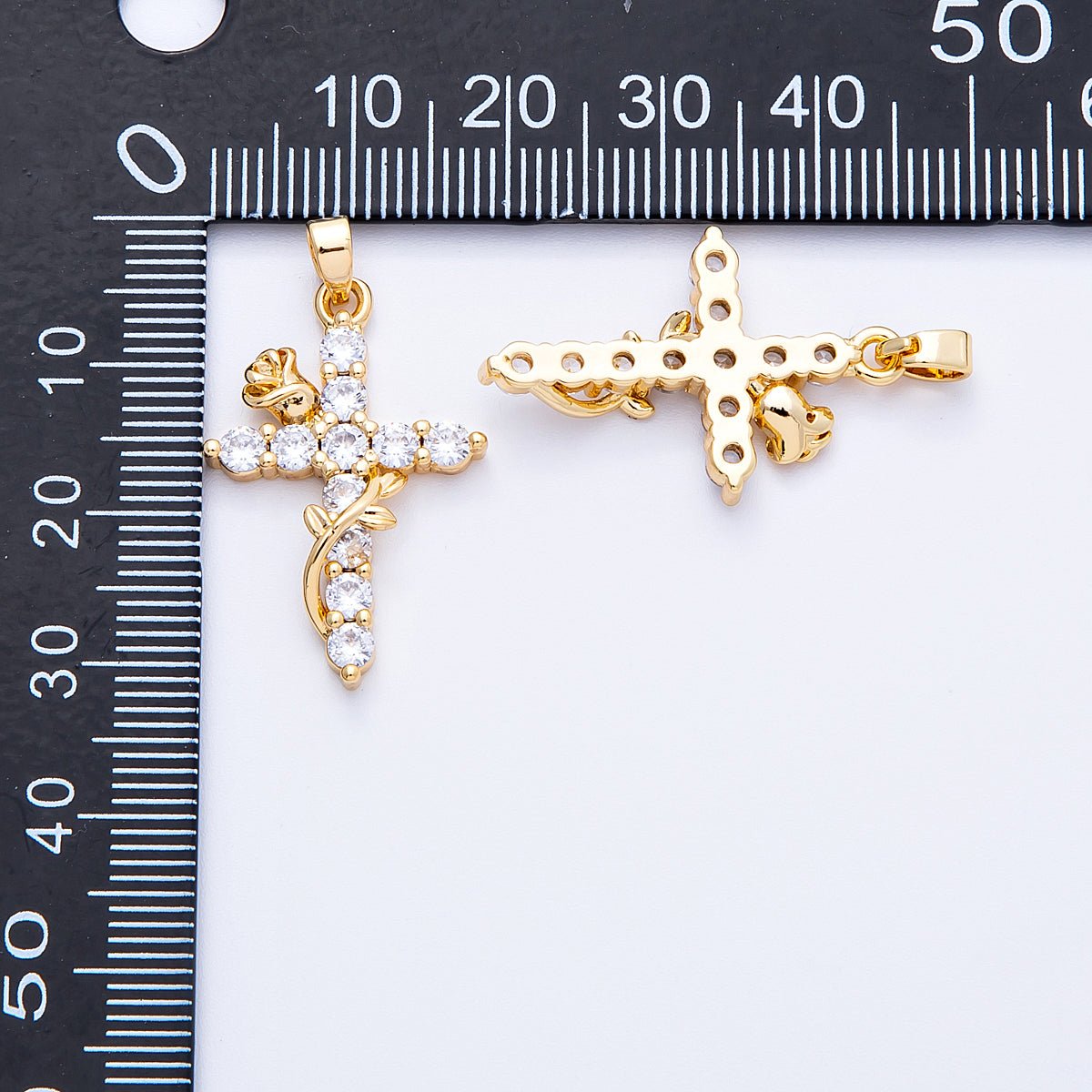 18K Gold Filled 28mm Clear CZ Rose Religious Cross Pendant | Charms-00111