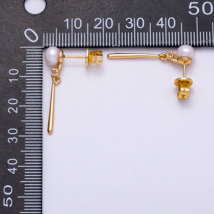 18K Gold Filled 29mm Shell Pearl Round Molten Bar Drop Stud Earrings | Earrings-00352