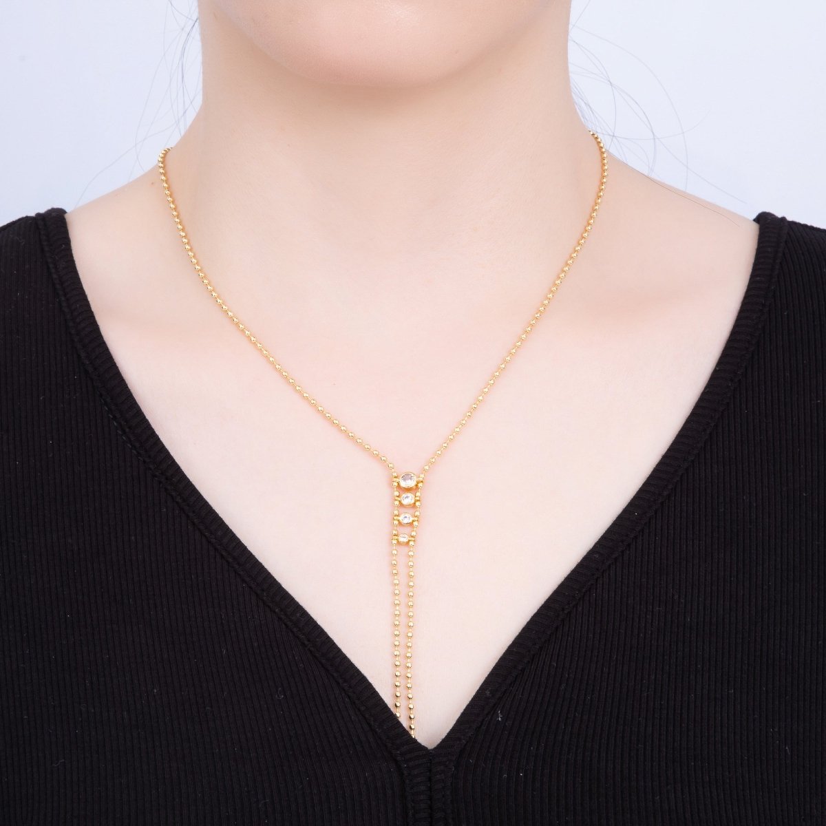 18K Gold Filled 2mm Clear CZ Gradient Round Ball Bead 18" Inch Lariat Necklace | WA-04037