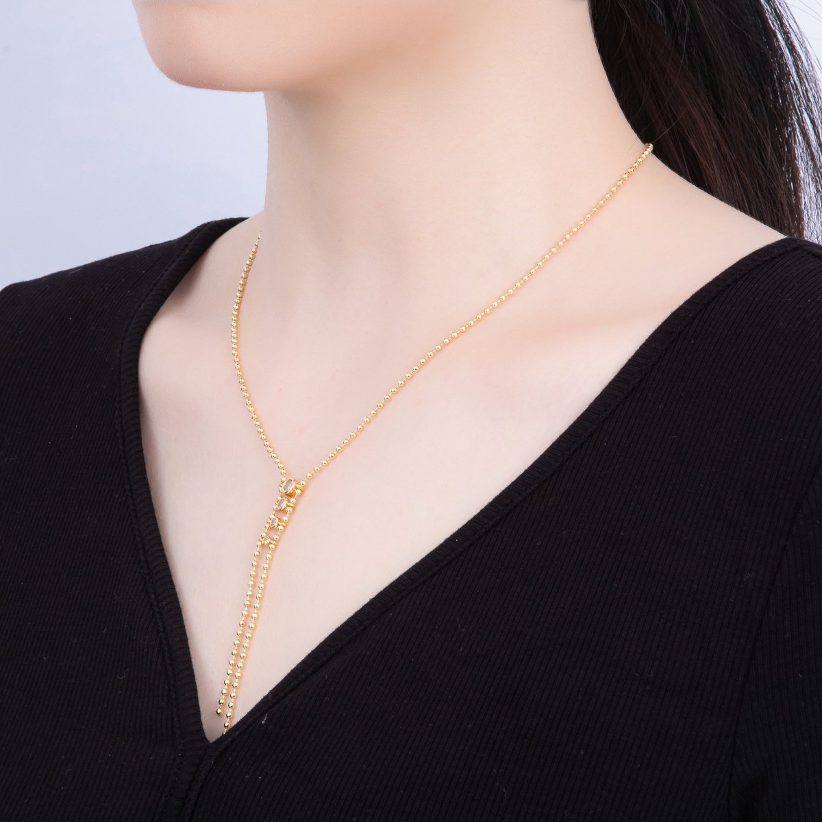 18K Gold Filled 2mm Clear CZ Gradient Round Ball Bead 18" Inch Lariat Necklace | WA-04037