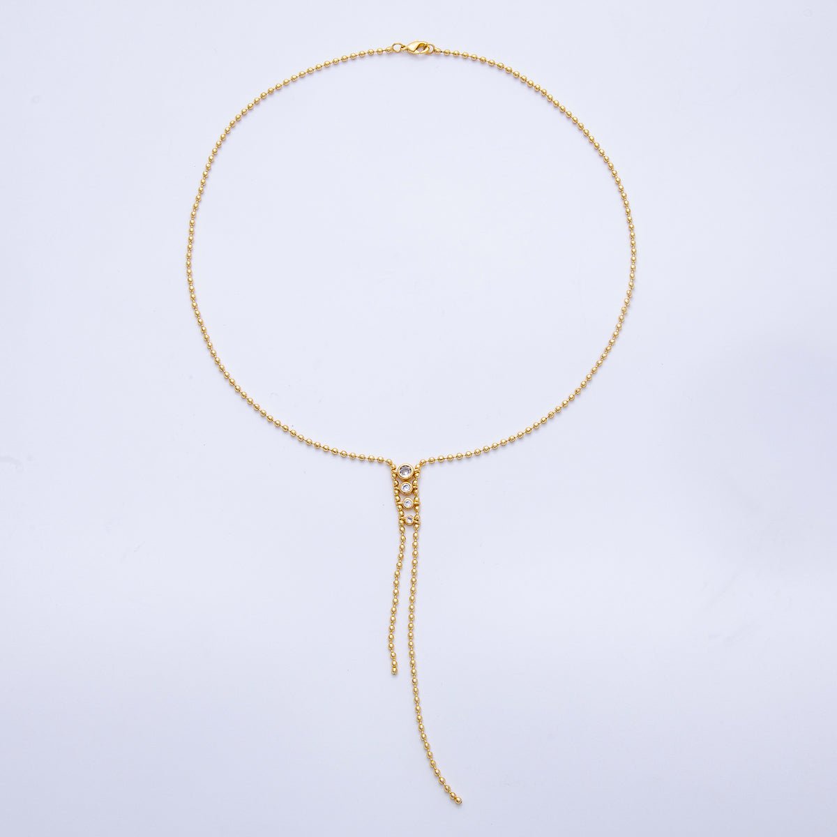 18K Gold Filled 2mm Clear CZ Gradient Round Ball Bead 18" Inch Lariat Necklace | WA-04037