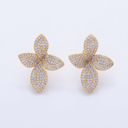 18K Gold Filled 30mm Micro Paved CZ Flower Petal Cross Studs Earrings | AD1588