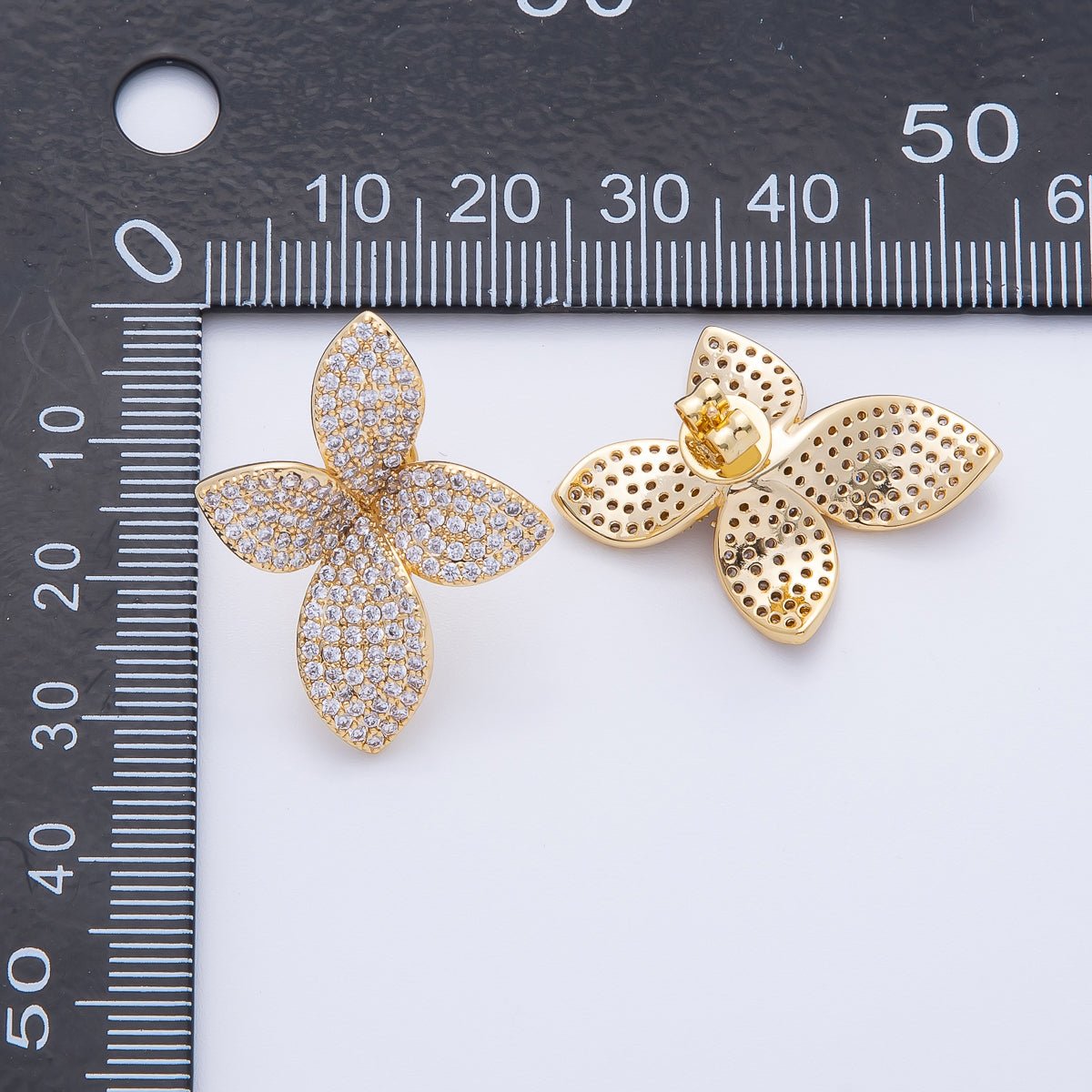 18K Gold Filled 30mm Micro Paved CZ Flower Petal Cross Studs Earrings | AD1588