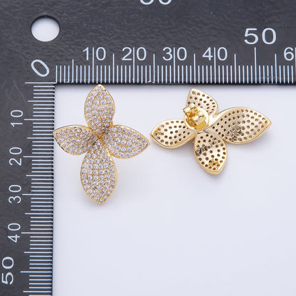 18K Gold Filled 30mm Micro Paved CZ Flower Petal Cross Studs Earrings | AD1588