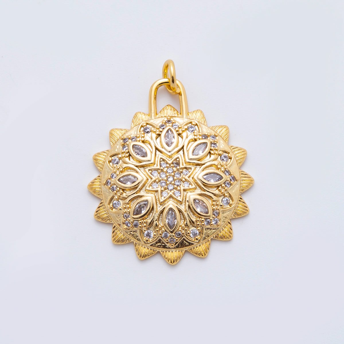 18K Gold Filled 30mm Micro Paved &amp; Marquise CZ Sun Lotus Charm | N294