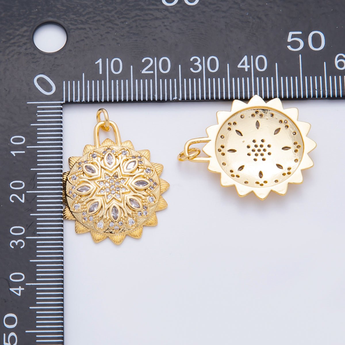 18K Gold Filled 30mm Micro Paved &amp; Marquise CZ Sun Lotus Charm | N294