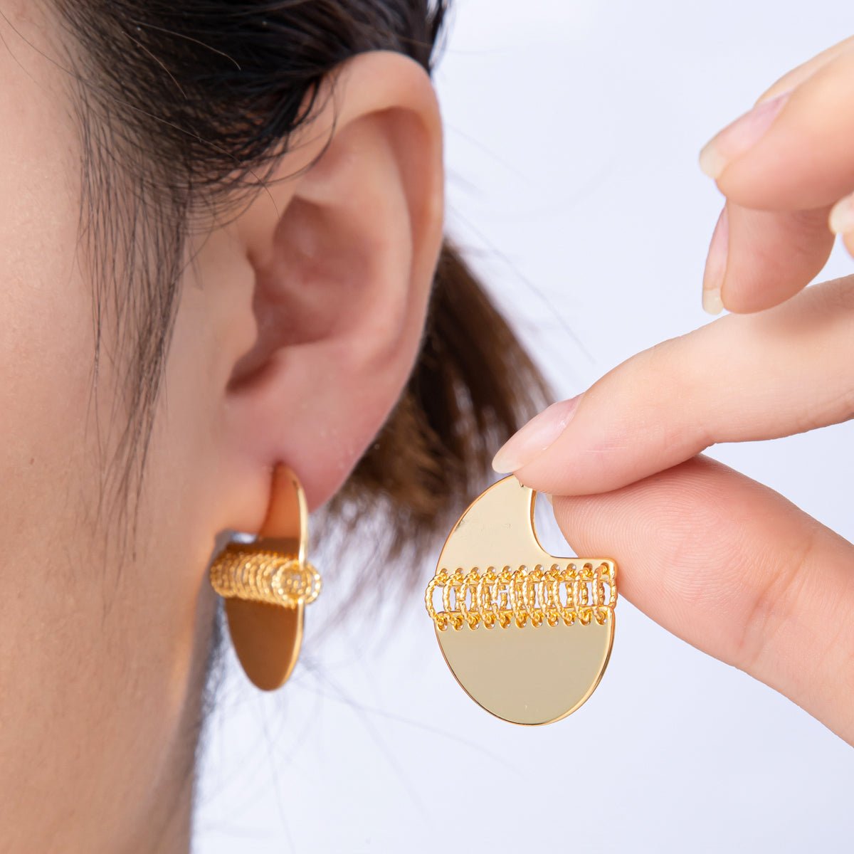 18K Gold Filled 30mm Minimalist C-Shaped Fringe Drop Studs | Earrings-00195