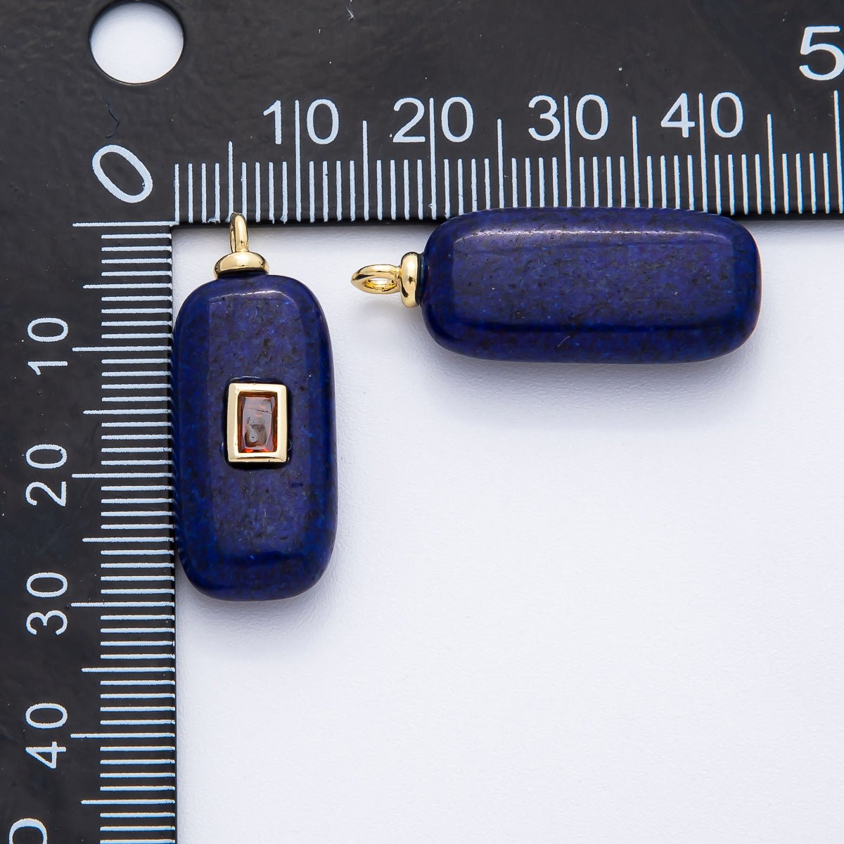 18K Gold Filled 30mm Red CZ Baguette Lapis Lazuli Tube Gemstone Charm | AF1374