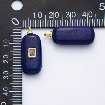 18K Gold Filled 30mm Red CZ Baguette Lapis Lazuli Tube Gemstone Charm | AF1374