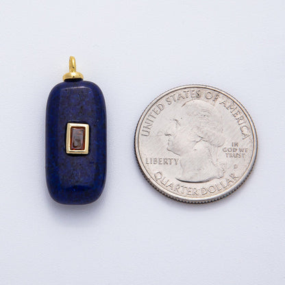 18K Gold Filled 30mm Red CZ Baguette Lapis Lazuli Tube Gemstone Charm | AF1374
