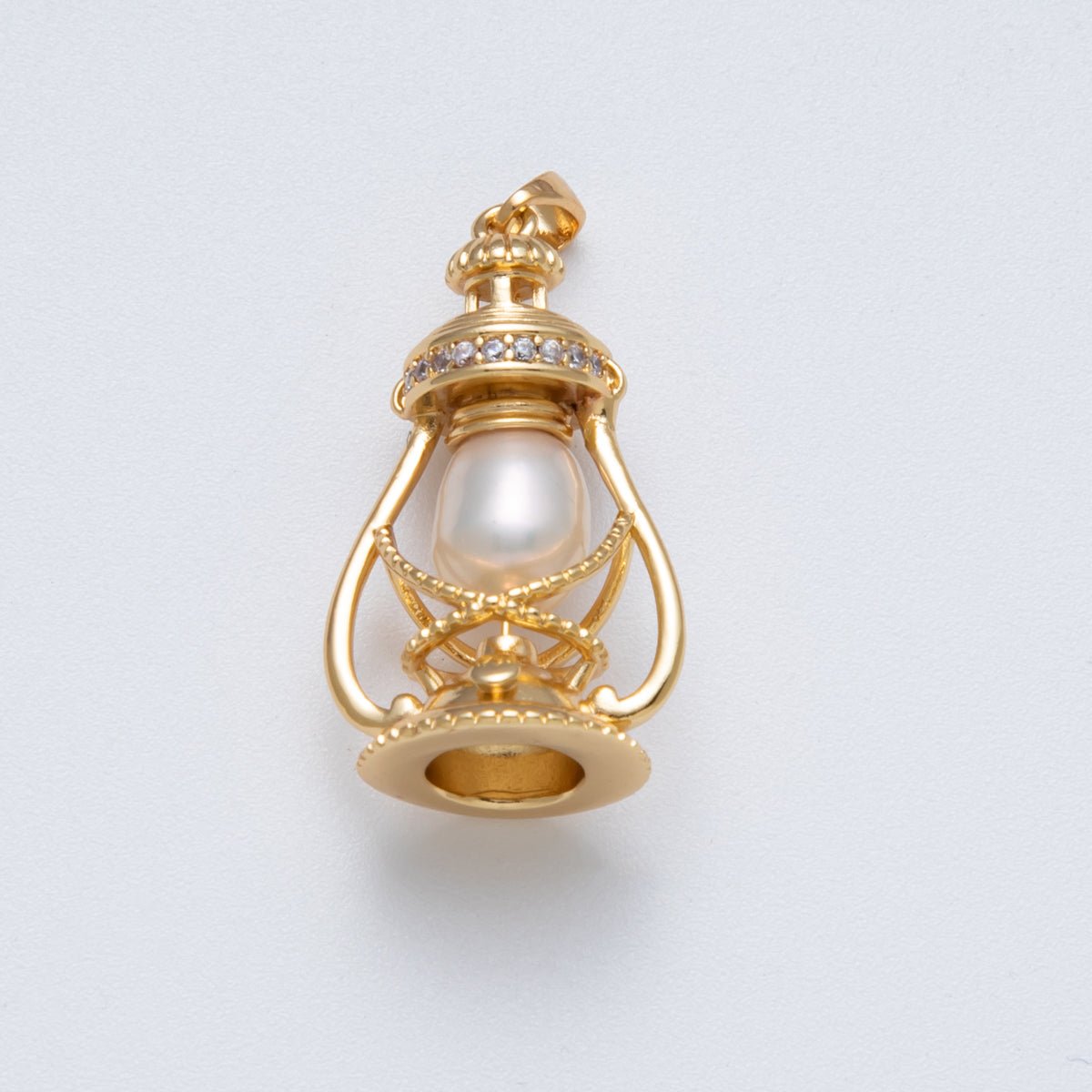 18K Gold Filled 30mm Shell Pearl Micro Paved CZ Oil Lamp 3D Multidimensional Charm | Charms-00064