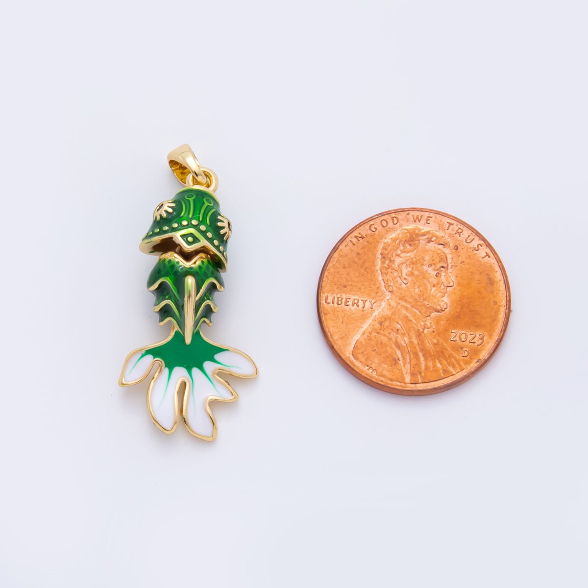 18K Gold Filled 31.5mm Red, Green Enamel Fish 3D Multidimensional Charm | AH815