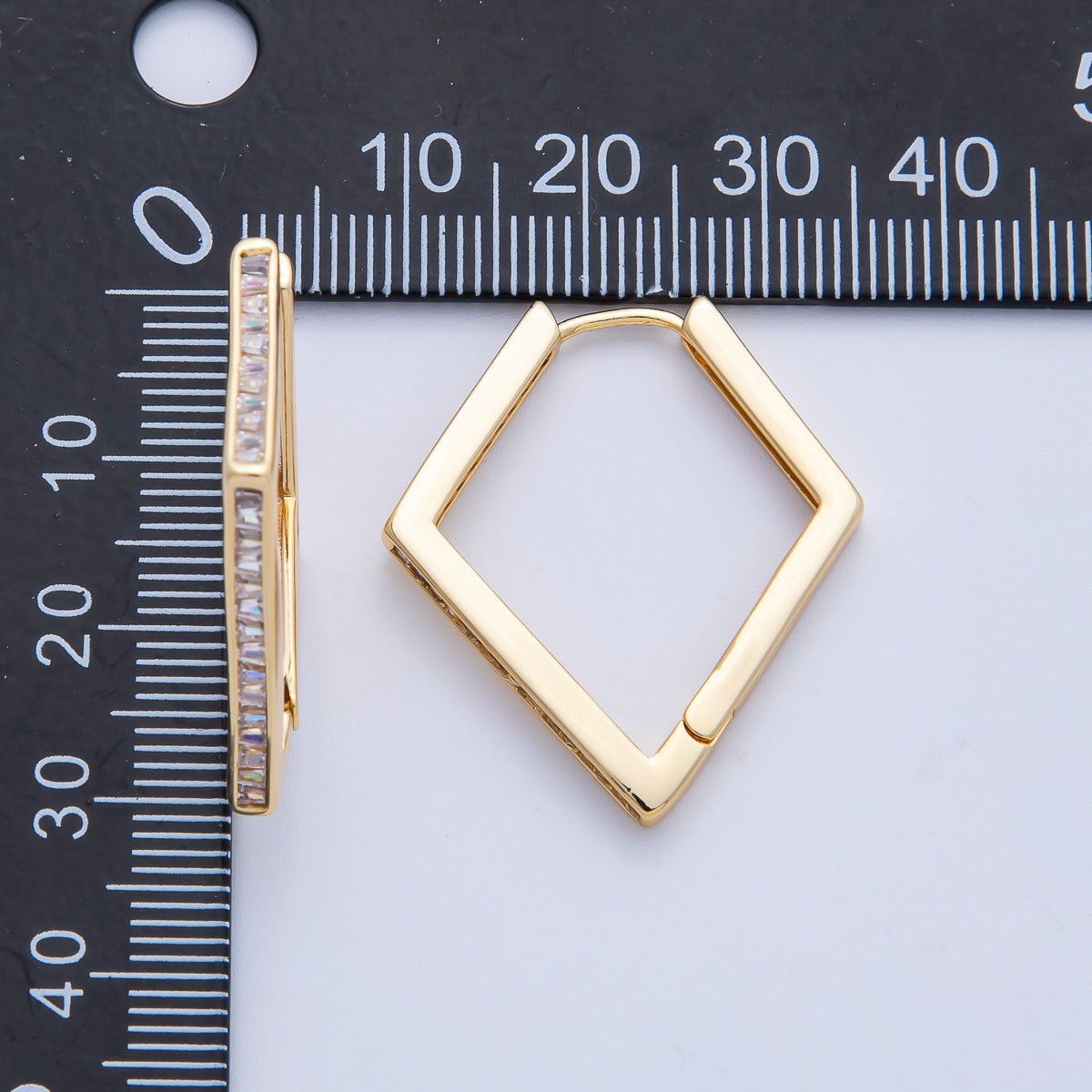 18K Gold Filled 31mm Micro Paved CZ Rhombus Hoop Earrings | Earrings-00055