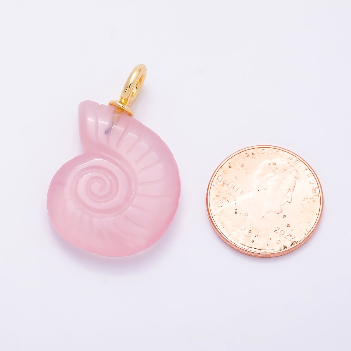 18K Gold Filled 32.5mm Rose Quartz Nautilus Sea Shell Drop Pendant | Charms-01276
